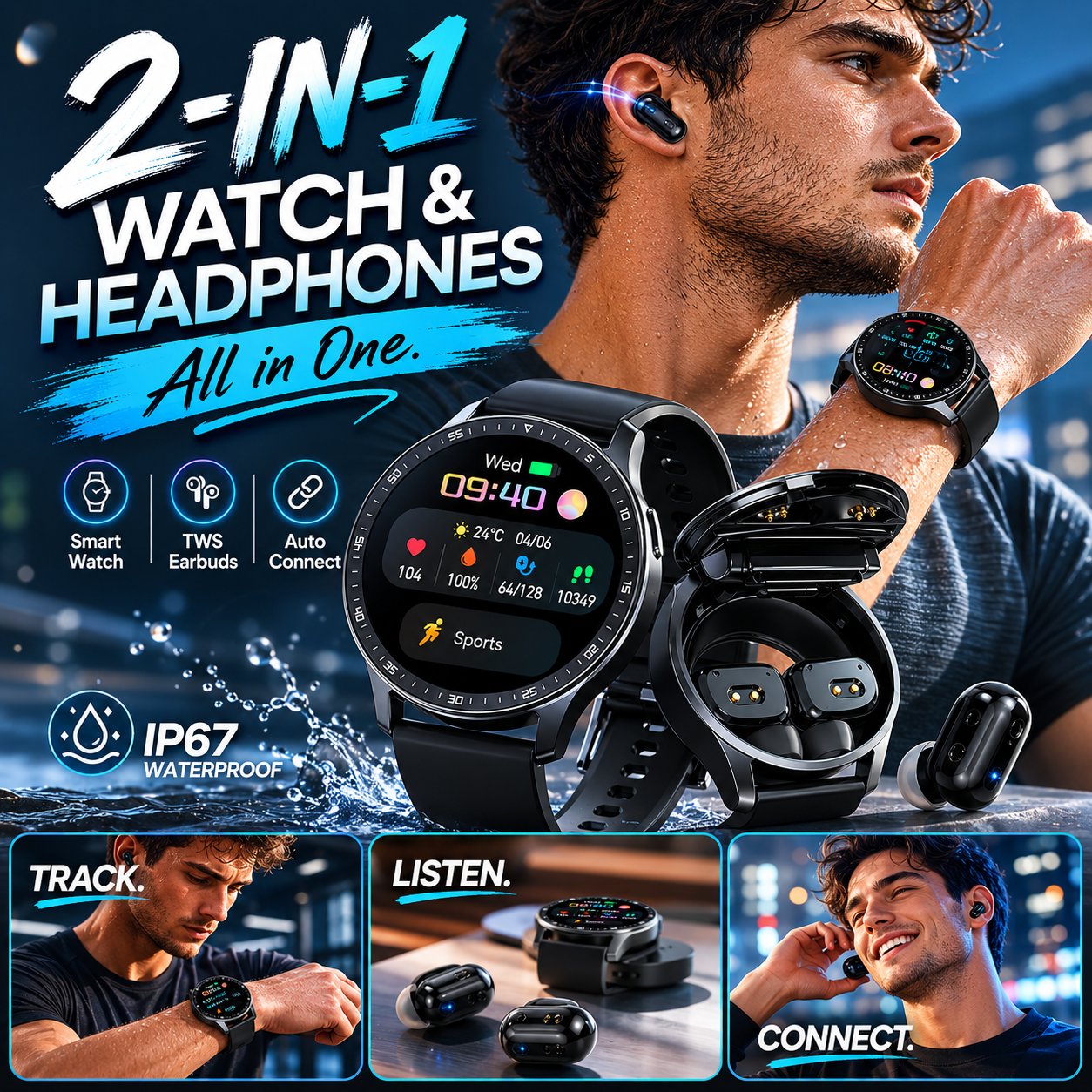 📢📢50% OFF !! ⏰2-in-1 smartwatch with built-in wireless earbuds 🎧️