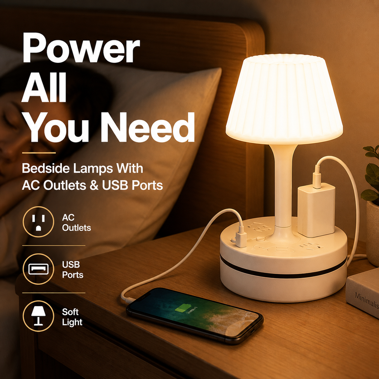 💡Lampe de chevet avec prises USB et secteur,3/4 prises secteur, 2 ports USB, 1 port Type-C. ⭐🏠