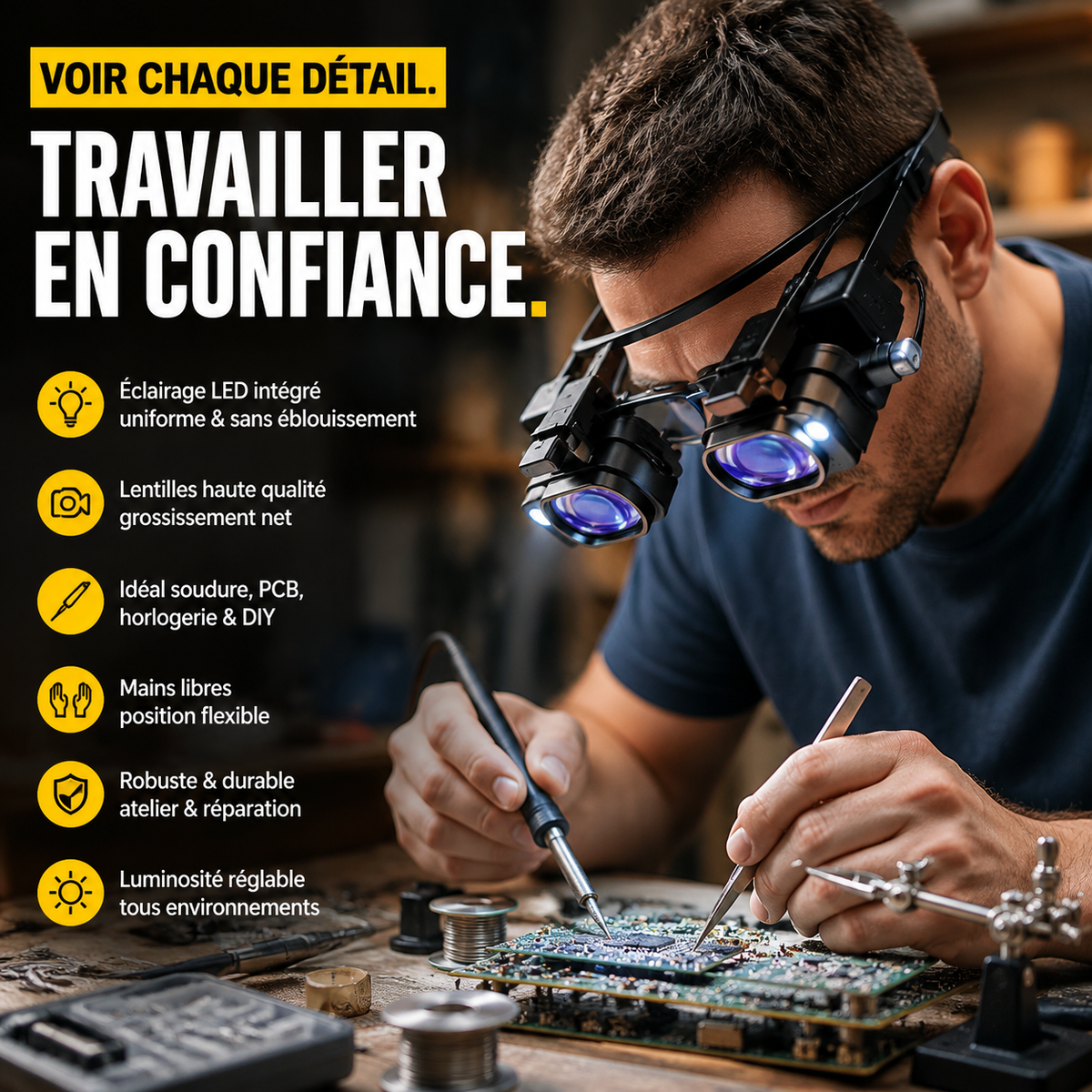 🔍💡 PROMO FLASH : 50% DE RÉDUCTION ! Loupe Frontale de Précision avec Éclairage LED – Lentilles Optiques Interchangeables 2× à 25×, Monture Légère et Confortable Mains Libres for Vos Travaux Minutieux d'Horlogerie, d'Électronique et d'Artisanat ✨
