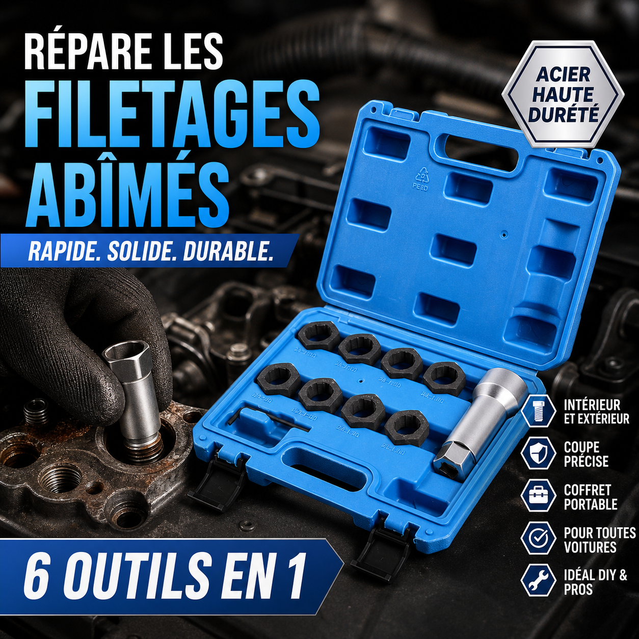 🔧 50% DE RÉDUCTION! 🚗 Jeu d'outils de réparation de filetages – Restaure les filets abîmés, robuste & facile à utiliser – Idéal pour l'entretien automobile et mécanique 🛠️