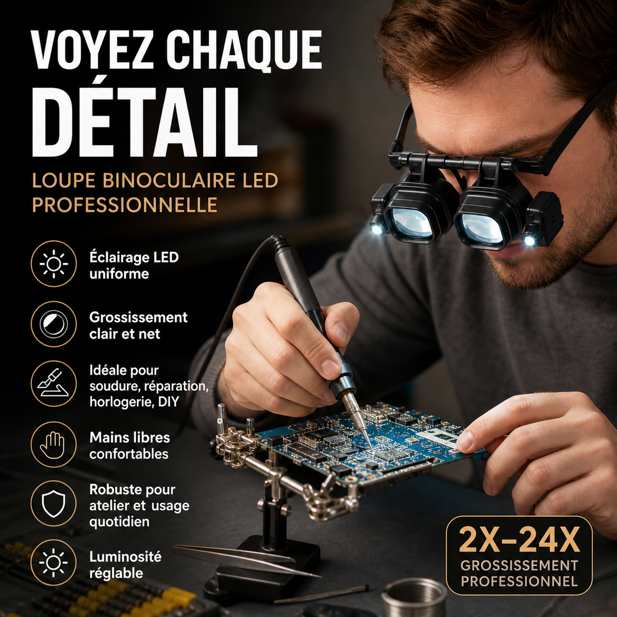 🔍💡 PROMO FLASH : 50% DE RÉDUCTION ! Loupe Frontale de Précision avec Éclairage LED – Lentilles Optiques Interchangeables 2× à 25×, Monture Légère et Confortable Mains Libres for Vos Travaux Minutieux d'Horlogerie, d'Électronique et d'Artisanat ✨