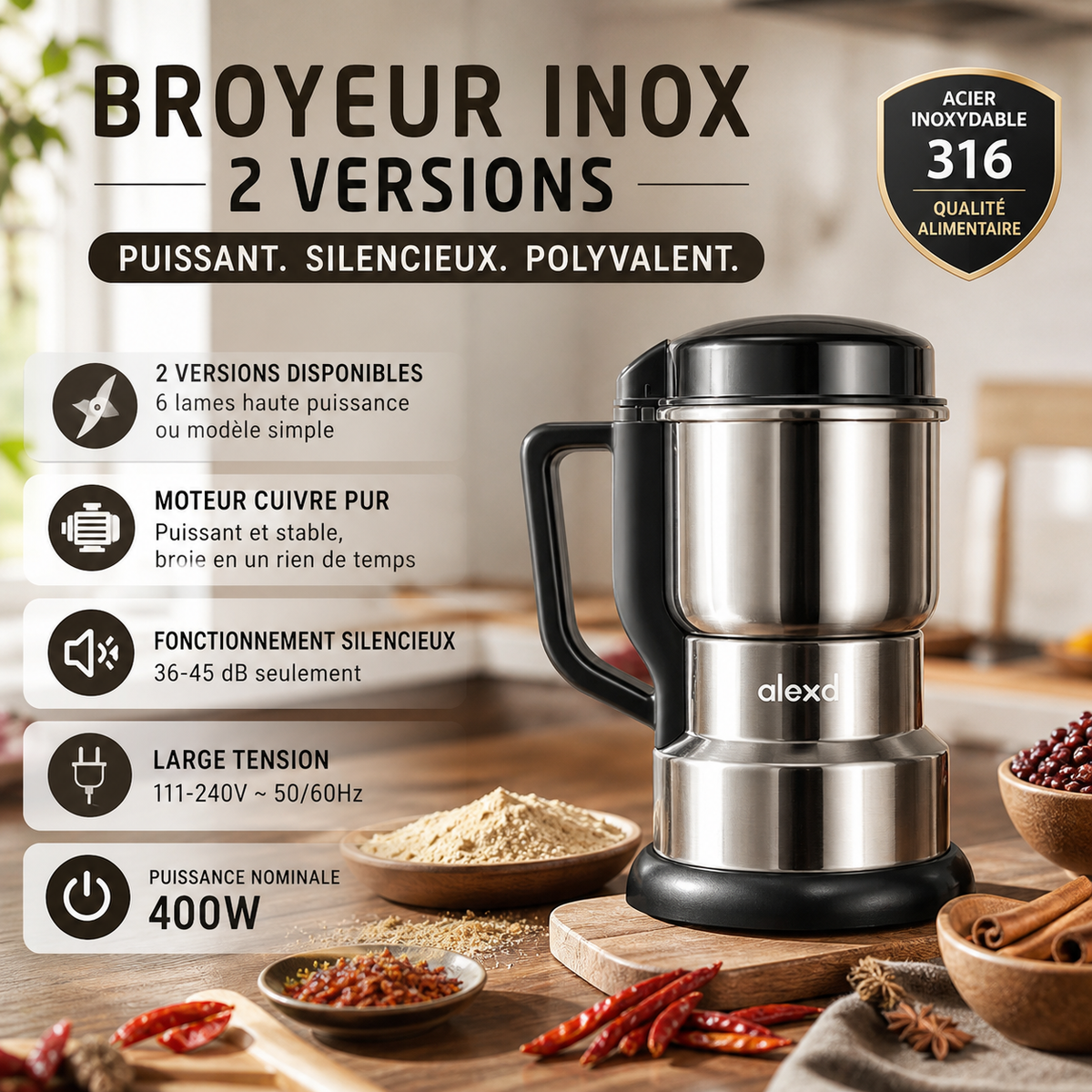 Mini Moulin Broyeur Électrique – Inox 316, Moteur Cuivre 400W Silencieux