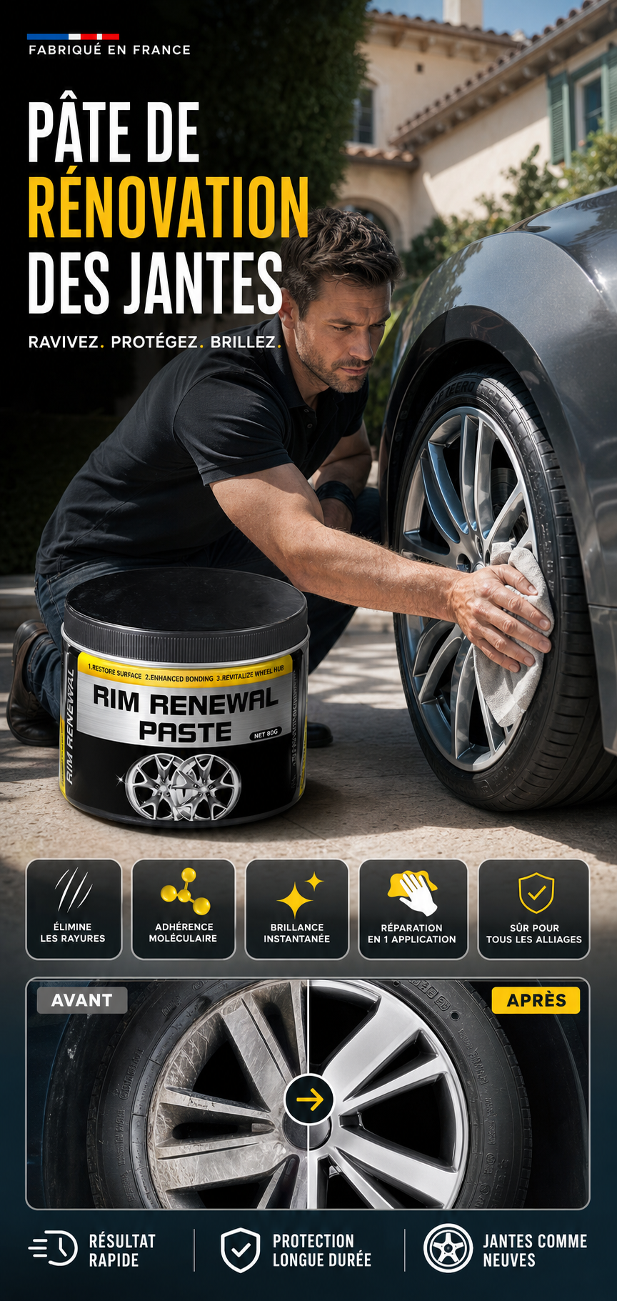 🚗 56% DE RÉDUCTION – Pâte Restauratrice Tout-en-Un pour Jantes – Efface les Rayures, Redonne Brillance & Protège Durablement ✨