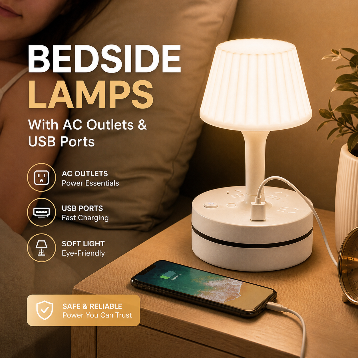 💡Lampe de chevet avec prises USB et secteur,3/4 prises secteur, 2 ports USB, 1 port Type-C. ⭐🏠