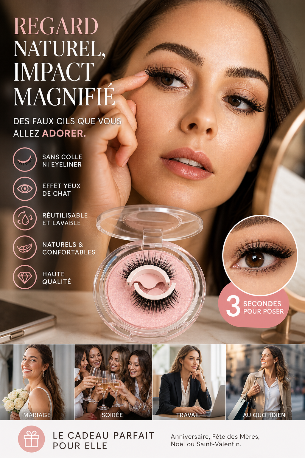 💧👀 Cils magnétiques waterproof – Adhésion instantanée sans colle, résistent à l’eau et à la transpiration, pour un regard sublime du matin au soir ☀️🌙