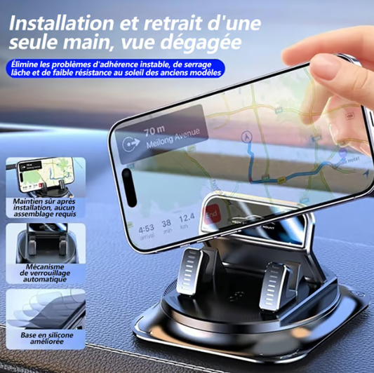 🚗 50 % DE RÉDUCTION EN CE MOMENT ! ✨Support de téléphone pour voiture 🔄 | Orientable à 360° · Verrouillage à une main en 0,1 s · Antidérapant et n'abîme pas le tableau de bord · Étanche et résistant aux taches