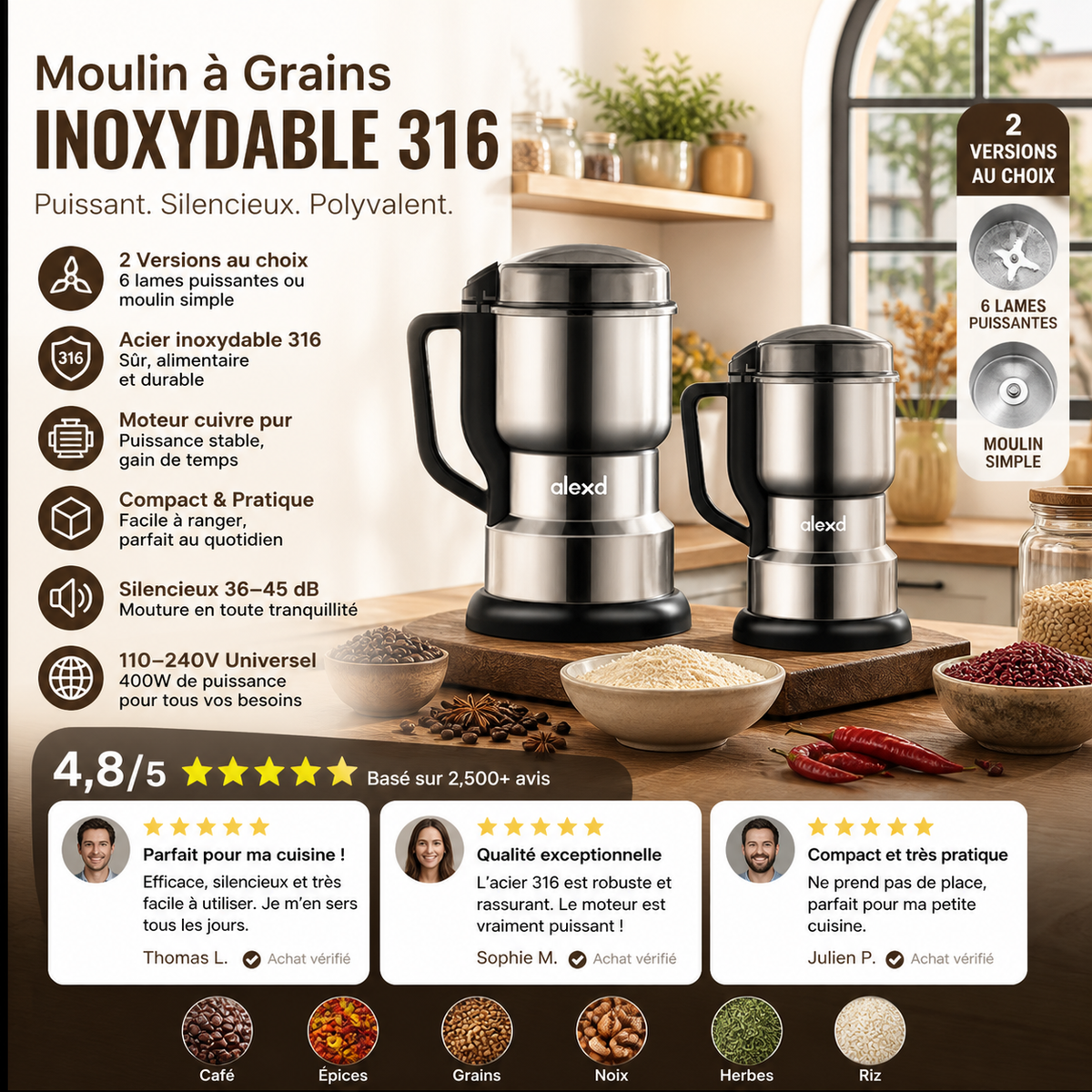 Mini Moulin Broyeur Électrique – Inox 316, Moteur Cuivre 400W Silencieux