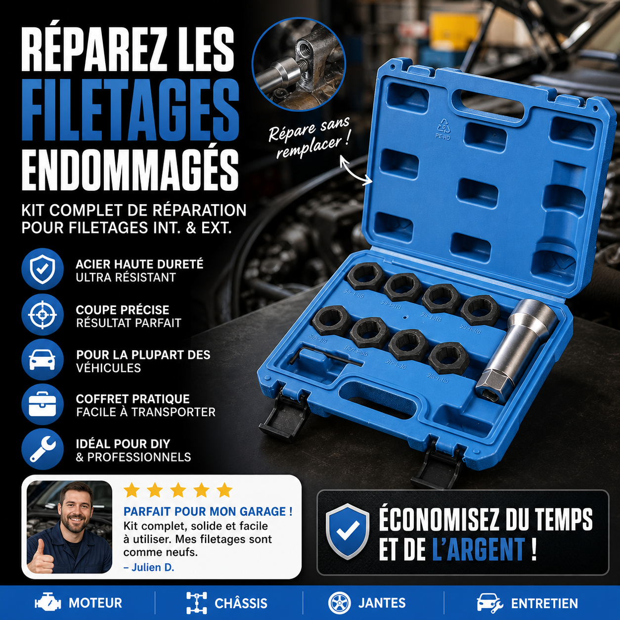 🔧 50% DE RÉDUCTION! 🚗 Jeu d'outils de réparation de filetages – Restaure les filets abîmés, robuste & facile à utiliser – Idéal pour l'entretien automobile et mécanique 🛠️