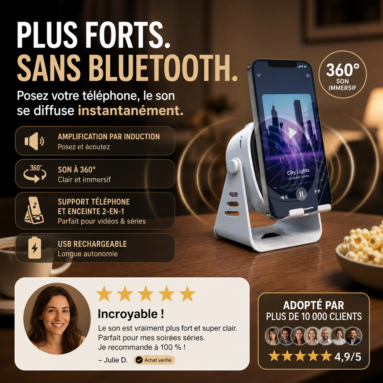 📱🔊 Support téléphone avec haut-parleur à induction, support stable et son amplifié pour bureau et chambre ✨