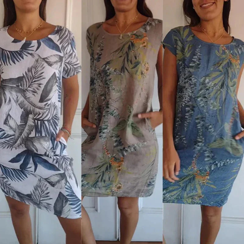 🍀Robe à Col Rond à Imprimé Botanique – Vente de Printemps – Tissu Léger, Motif Naturel & Coupe Décontractée🌸
