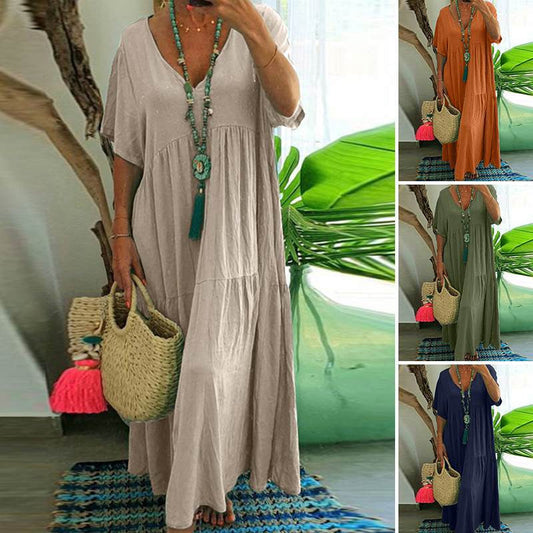 📢PROMO FLASH 50%⏰Robe Longue Décontractée Femme à Manches Courtes – Décolleté en V, Tissu Coton/Fibre, Coupe Ample, 4 Couleurs, Style Bohème & Polyvalent🌼