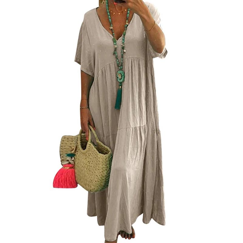📢PROMO FLASH 50%⏰Robe Longue Décontractée Femme à Manches Courtes – Décolleté en V, Tissu Coton/Fibre, Coupe Ample, 4 Couleurs, Style Bohème & Polyvalent🌼