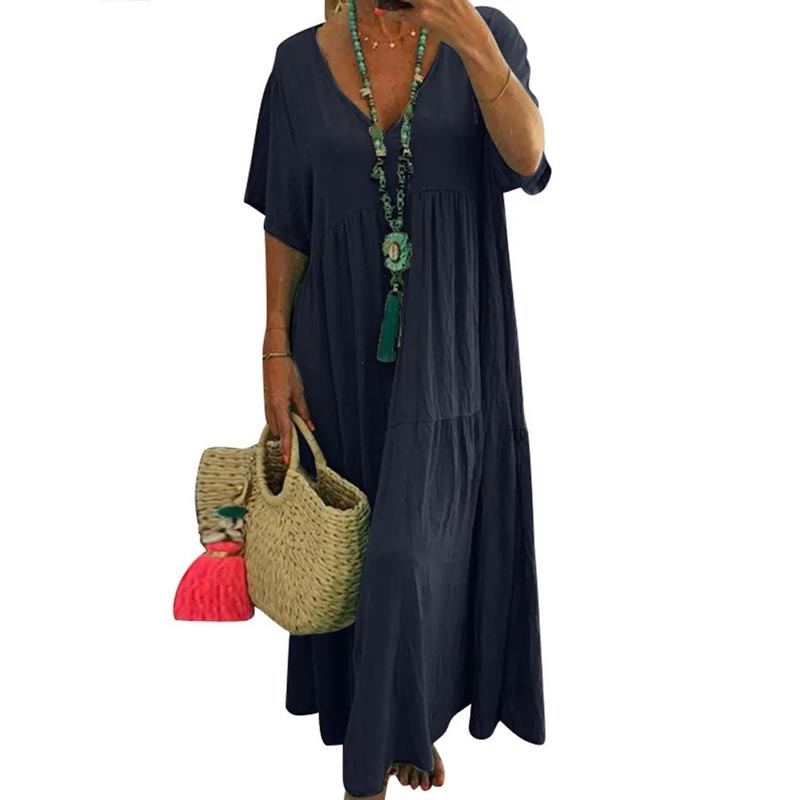 📢PROMO FLASH 50%⏰Robe Longue Décontractée Femme à Manches Courtes – Décolleté en V, Tissu Coton/Fibre, Coupe Ample, 4 Couleurs, Style Bohème & Polyvalent🌼