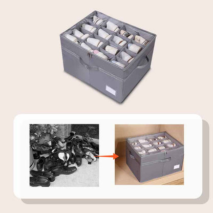 👟 50% DE RÉDUCTION! 📦 Organisateur de Chaussures – 16 compartiments, séparateurs réglables & couvercle transparent – Tissu Oxford – Gris/Noir ✨