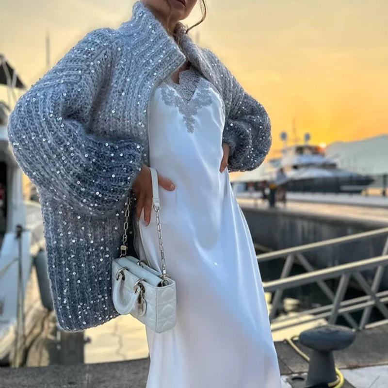❄️Rabais saisonnier 50%❄️Knitted Sweater Jacket With Monochromatic Sequins