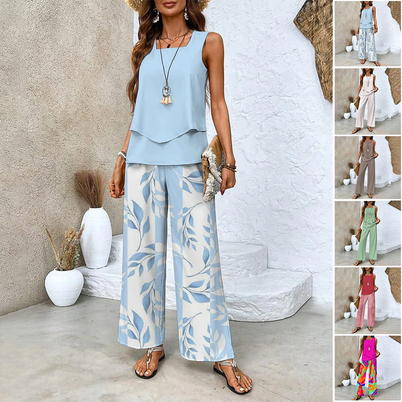 🌺Ensemble 2 pièces à imprimé tendance pour femmes - Top et pantalon sans manches