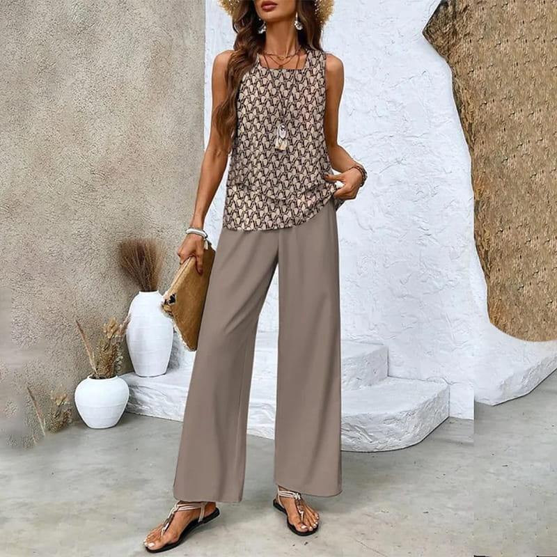 🌺Ensemble 2 pièces à imprimé tendance pour femmes - Top et pantalon sans manches