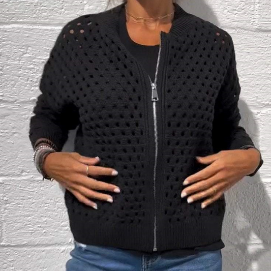 Veste Décontractée en Tricot à Fermeture Éclair pour Femmes avec Design Ajouré