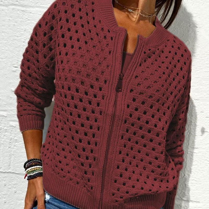 Veste Décontractée en Tricot à Fermeture Éclair pour Femmes avec Design Ajouré