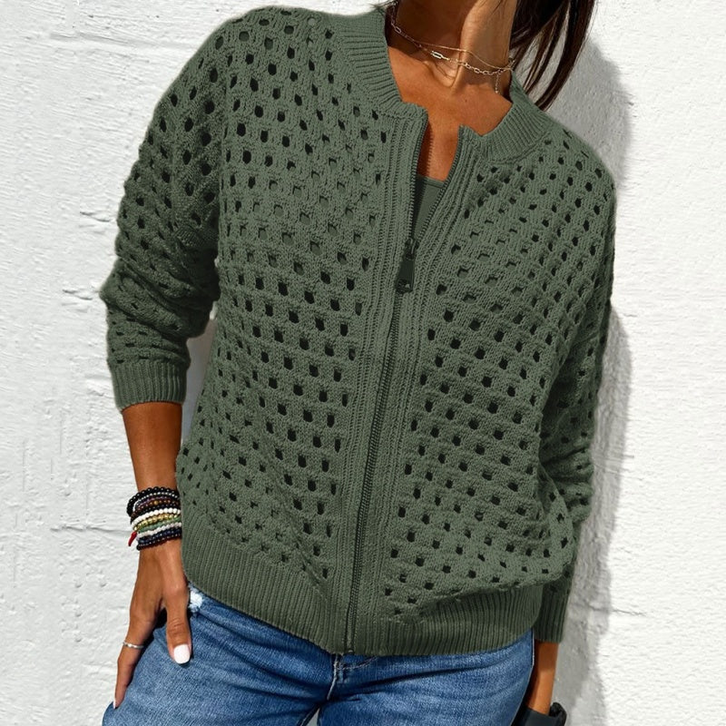 Veste Décontractée en Tricot à Fermeture Éclair pour Femmes avec Design Ajouré