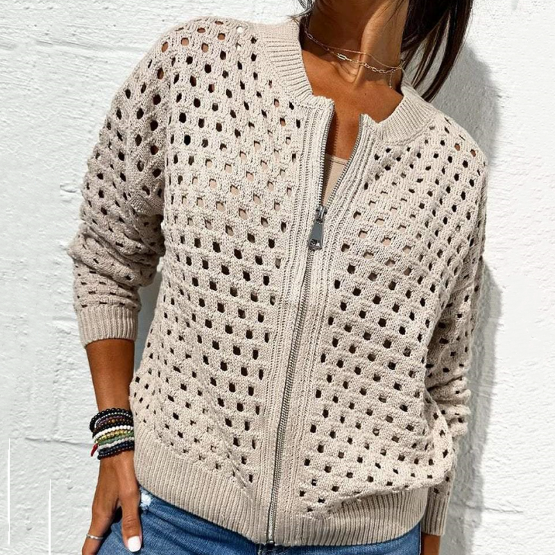 Veste Décontractée en Tricot à Fermeture Éclair pour Femmes avec Design Ajouré