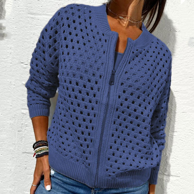 Veste Décontractée en Tricot à Fermeture Éclair pour Femmes avec Design Ajouré