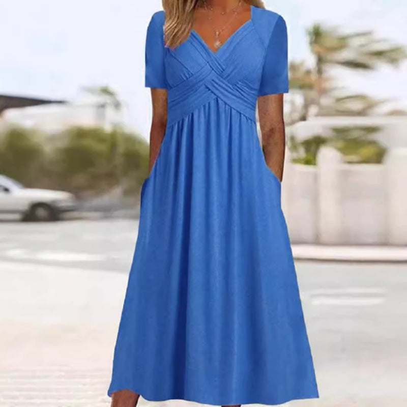 Femmes Col V Manches Courtes Robes Longues