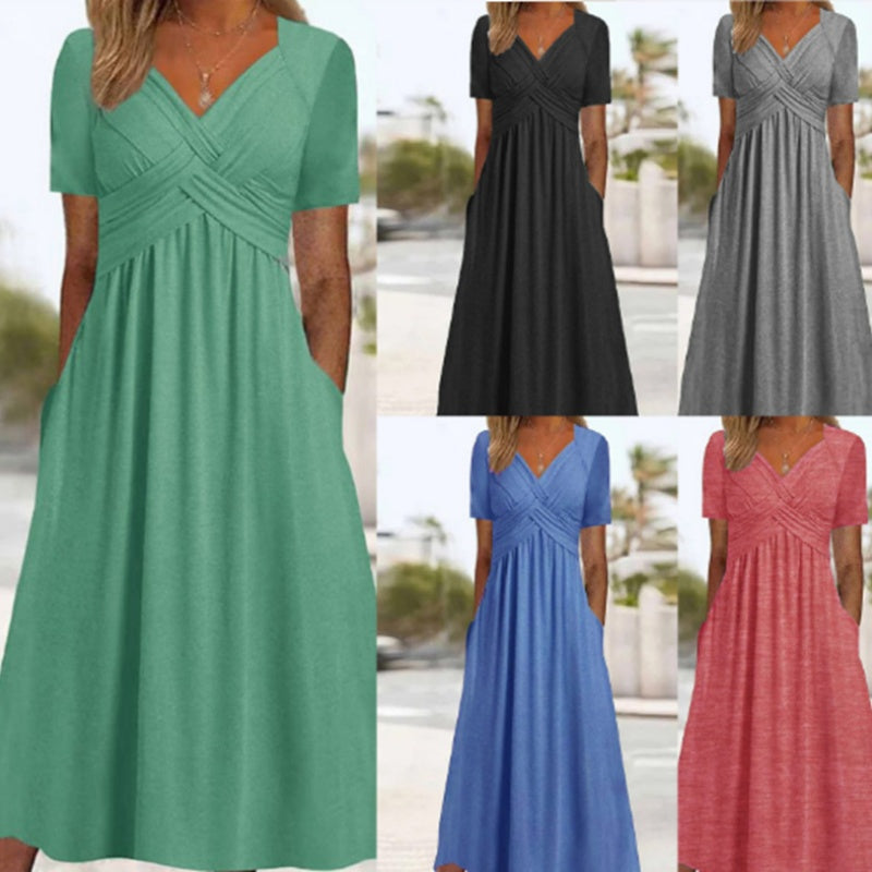 Femmes Col V Manches Courtes Robes Longues