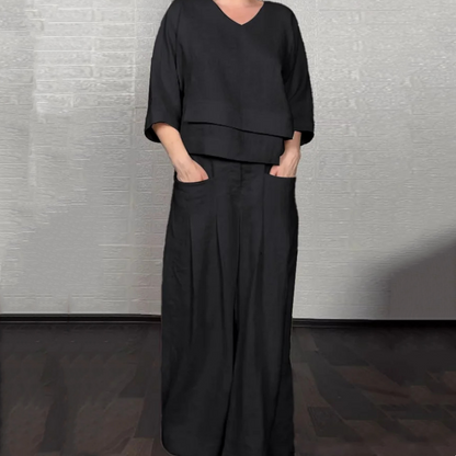 💎 Ensemble 2 pièces en coton-lin à ourlet irrégulier – haut à encolure en V + pantalon large, respirant et naturellement élégant 🍂👚