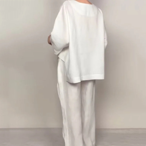 💎 Ensemble 2 pièces en coton-lin à ourlet irrégulier – haut à encolure en V + pantalon large, respirant et naturellement élégant 🍂👚