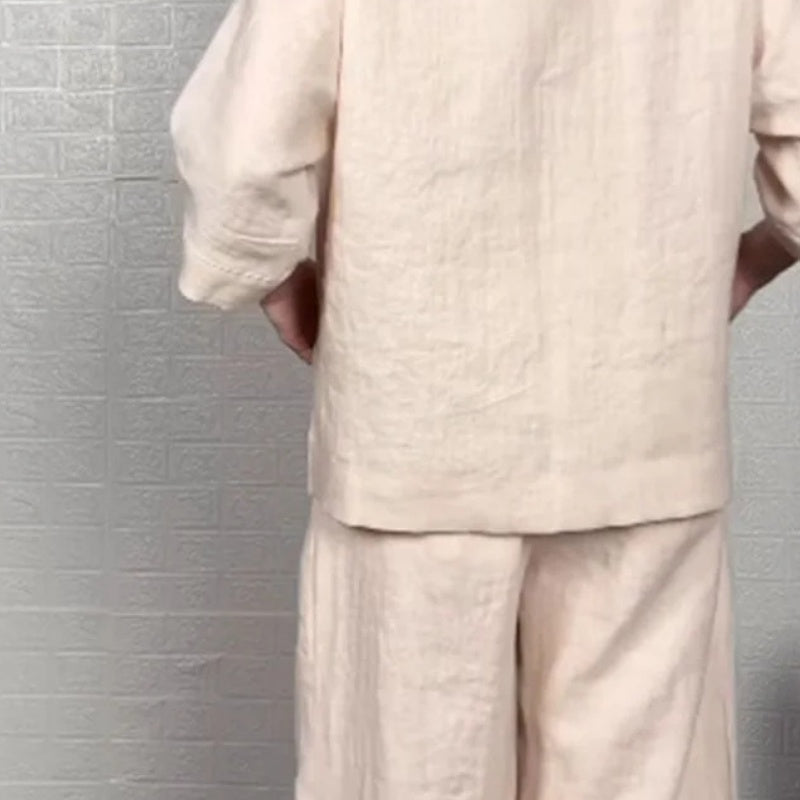 💎 Ensemble 2 pièces en coton-lin à ourlet irrégulier – haut à encolure en V + pantalon large, respirant et naturellement élégant 🍂👚