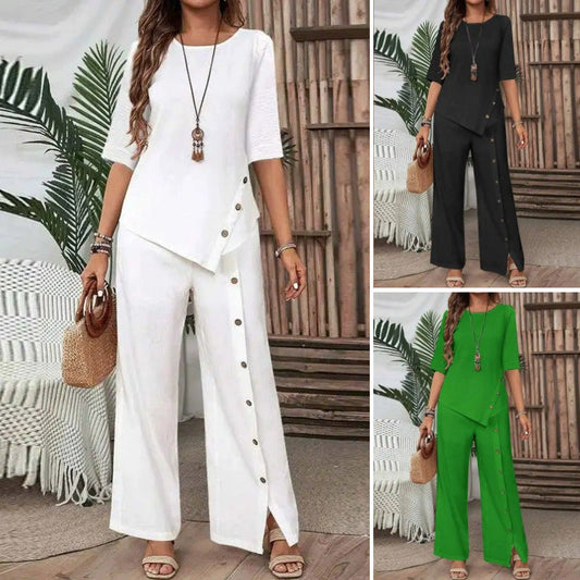 👚50% DE RÉDUCTION!🌸Ensemble Deux Pièces pour Femme – Top avec Ourlet Asymétrique & Pantalon à Jambes Larges, Look Moderne & Confortable💃