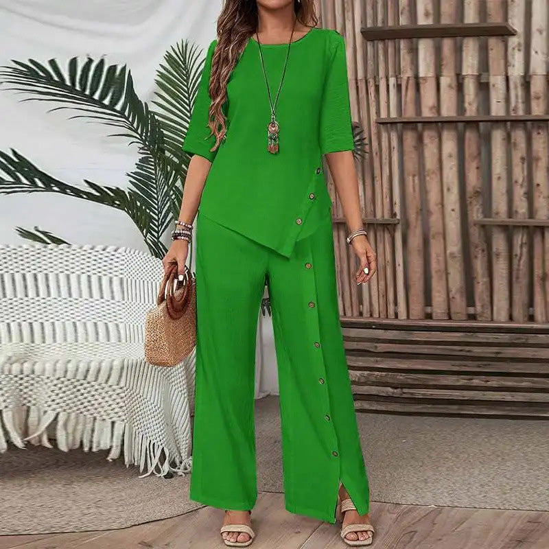 👚50% DE RÉDUCTION!🌸Ensemble Deux Pièces pour Femme – Top avec Ourlet Asymétrique & Pantalon à Jambes Larges, Look Moderne & Confortable💃
