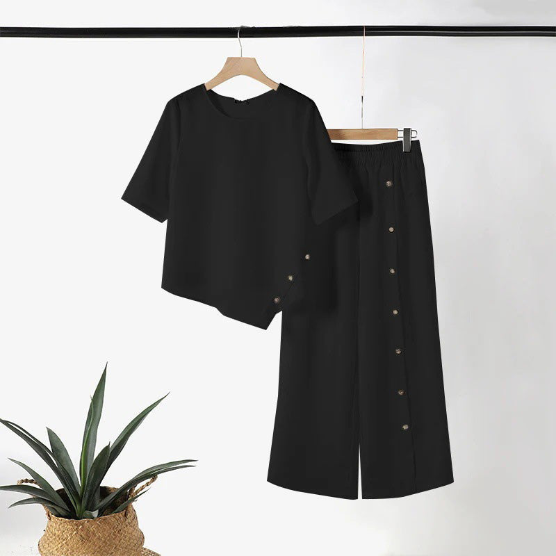 👚50% DE RÉDUCTION!🌸Ensemble Deux Pièces pour Femme – Top avec Ourlet Asymétrique & Pantalon à Jambes Larges, Look Moderne & Confortable💃