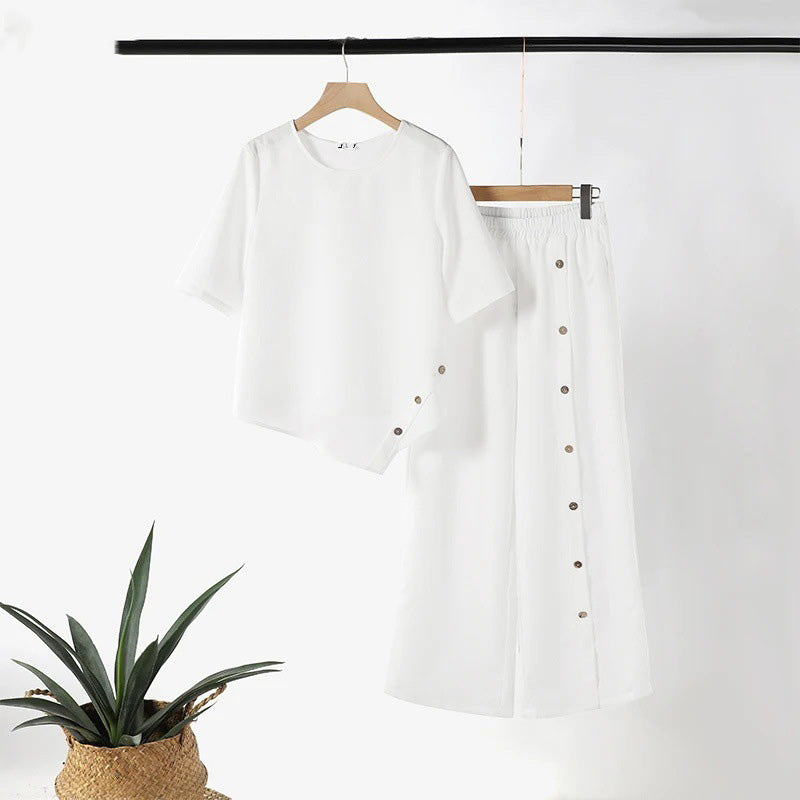 👚50% DE RÉDUCTION!🌸Ensemble Deux Pièces pour Femme – Top avec Ourlet Asymétrique & Pantalon à Jambes Larges, Look Moderne & Confortable💃