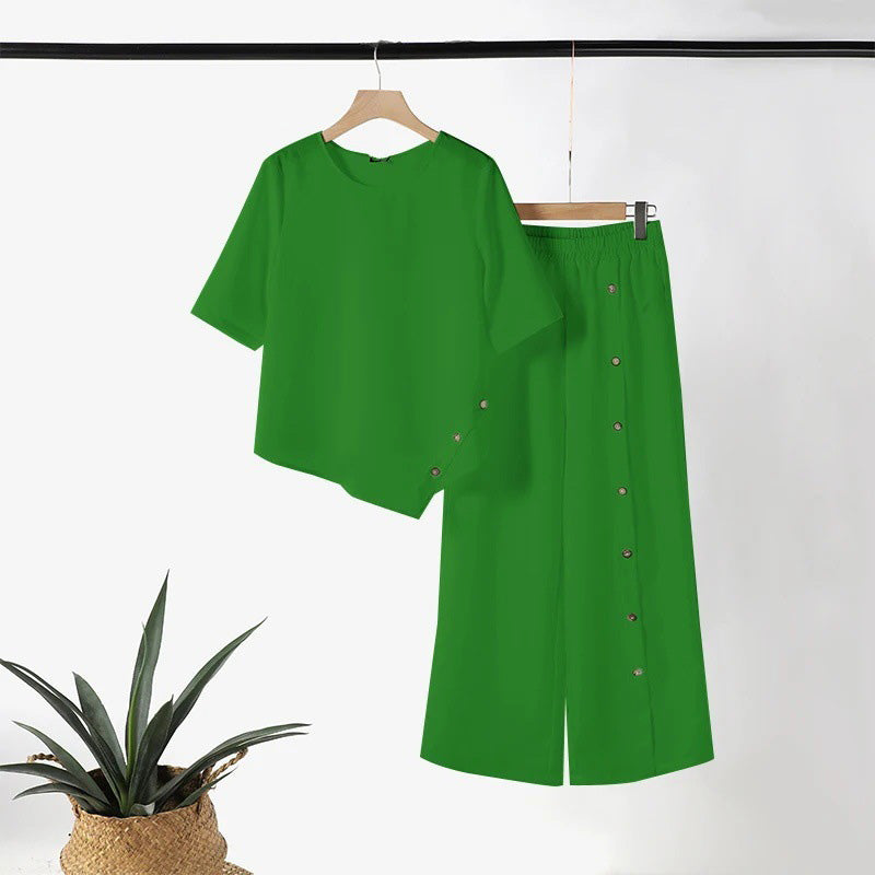 👚50% DE RÉDUCTION!🌸Ensemble Deux Pièces pour Femme – Top avec Ourlet Asymétrique & Pantalon à Jambes Larges, Look Moderne & Confortable💃