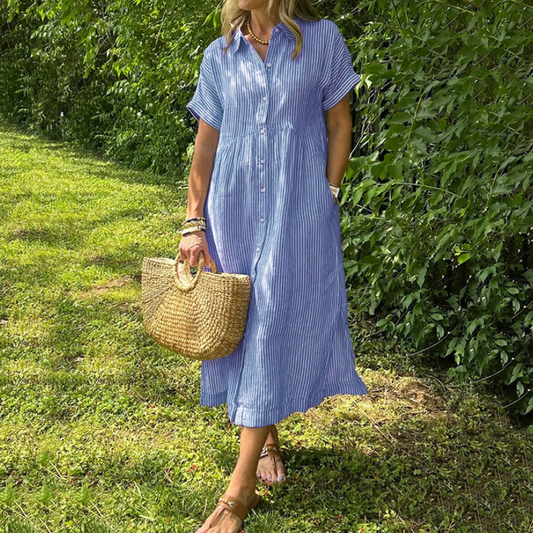 💎💃Robe Chemise Rayée à Revers et Boutons – Poches Fonctionnelles, Coupe Loose & Élégance Intemporelle🌟👗