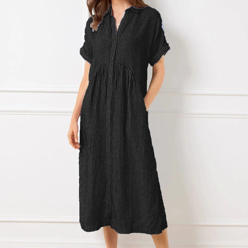 💎💃Robe Chemise Rayée à Revers et Boutons – Poches Fonctionnelles, Coupe Loose & Élégance Intemporelle🌟👗
