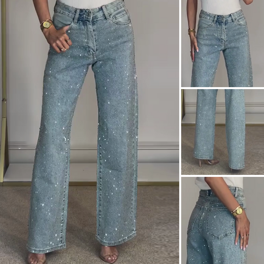 👖50% DE RÉDUCTION VENTE 2025!✨Jeans à Jambe Droite avec Strass💎Broderie Cristal et Taille Haute pour une Silhouette Élégante👖