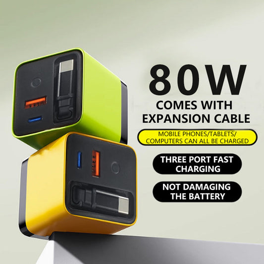 Chargeur secteur 80 W à charge rapide avec câble USB-C rétractable de 80 cm