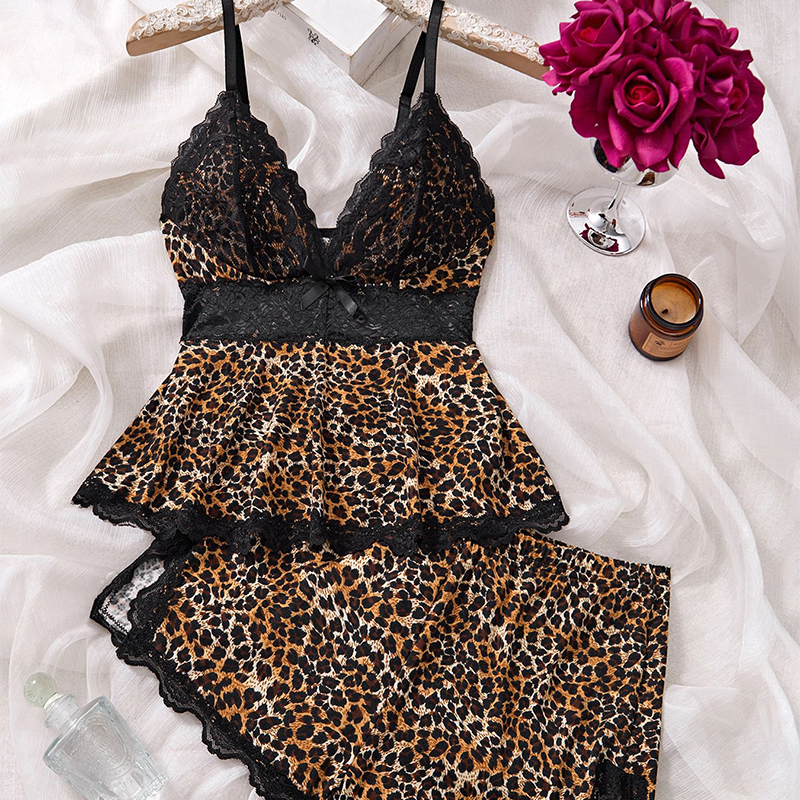 💕Ensemble de vêtements de nuit caraco et short à col en V avec bordure en dentelle