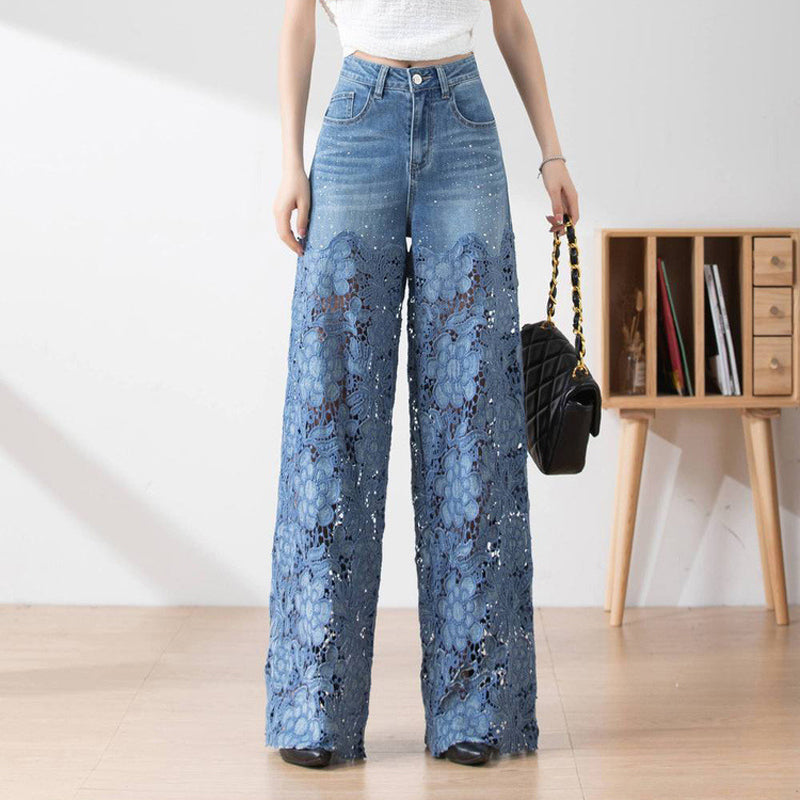 Pantalon large en denim bleu à taille haute pour femmes avec empiècements en dentelle découpés