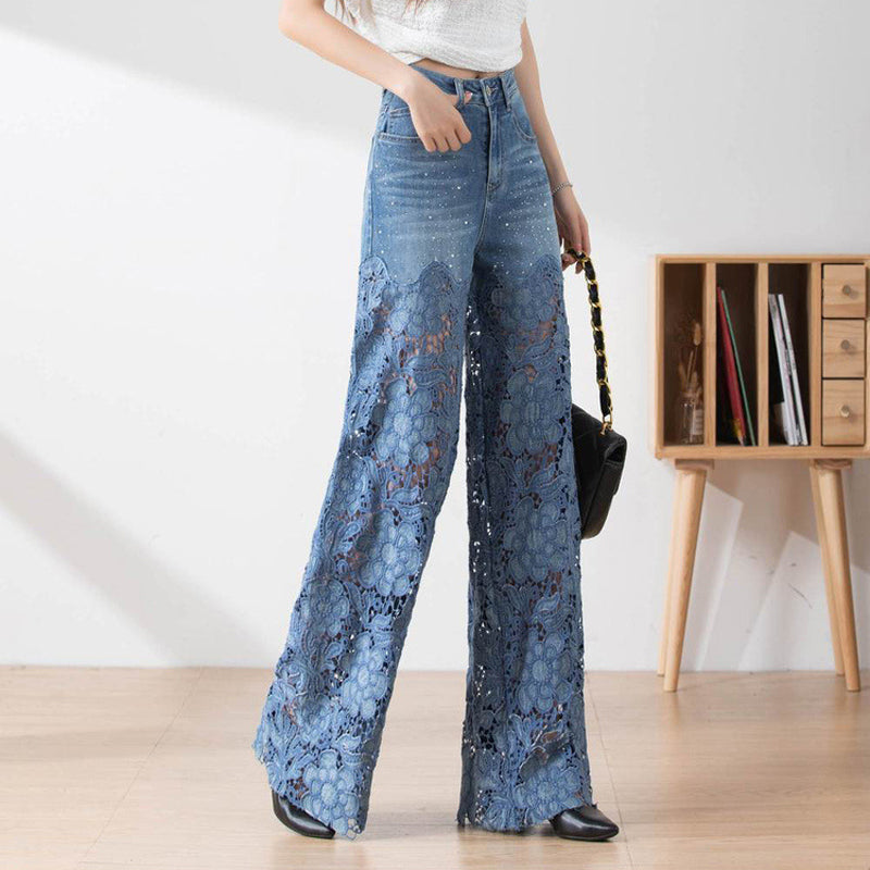 Pantalon large en denim bleu à taille haute pour femmes avec empiècements en dentelle découpés