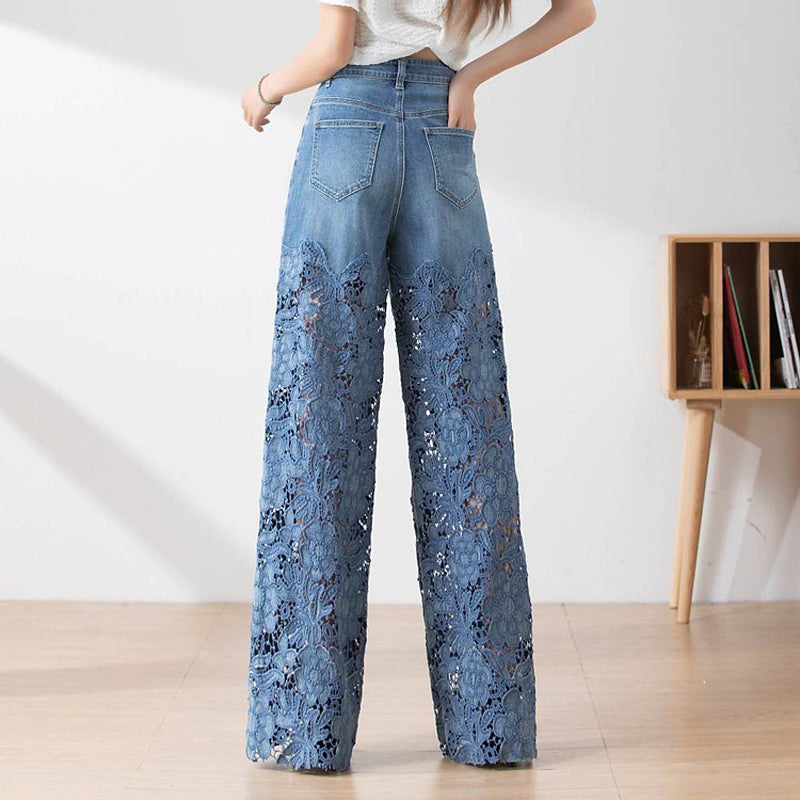 Pantalon large en denim bleu à taille haute pour femmes avec empiècements en dentelle découpés