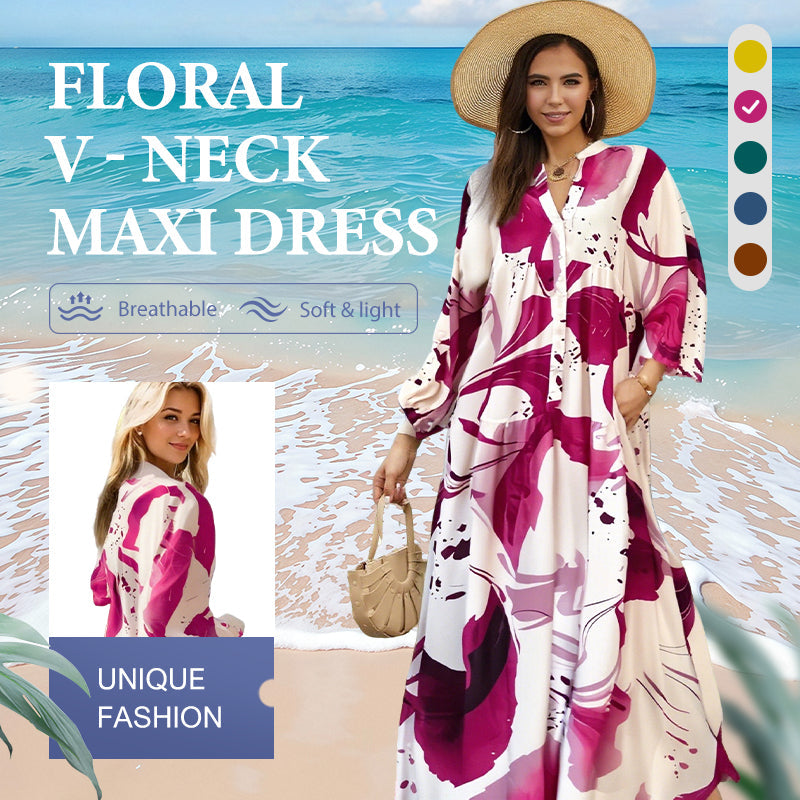 💎 50% DE RÉDUCTION ! 💎 Robe Longue à Col V pour Femmes – Imprimé Floral Abstrait, Tissu Fluide & Parfaite pour l’Été