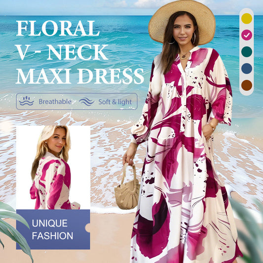 💎 50% DE RÉDUCTION ! 💎 Robe Longue à Col V pour Femmes – Imprimé Floral Abstrait, Tissu Fluide & Parfaite pour l’Été