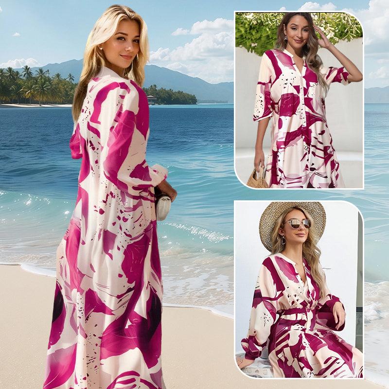 💎 50% DE RÉDUCTION ! 💎 Robe Longue à Col V pour Femmes – Imprimé Floral Abstrait, Tissu Fluide & Parfaite pour l’Été