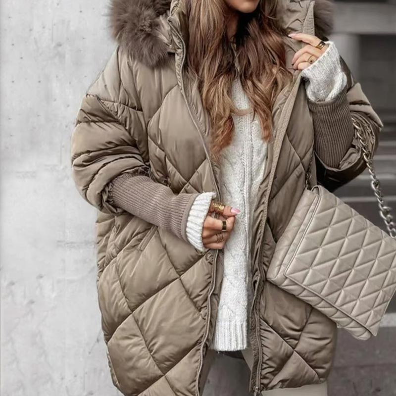 Manteau Parka Mi-long avec Manches Tricotées en Patchwork pour Femmes