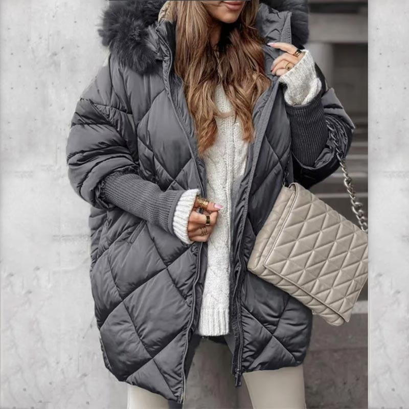 Manteau Parka Mi-long avec Manches Tricotées en Patchwork pour Femmes