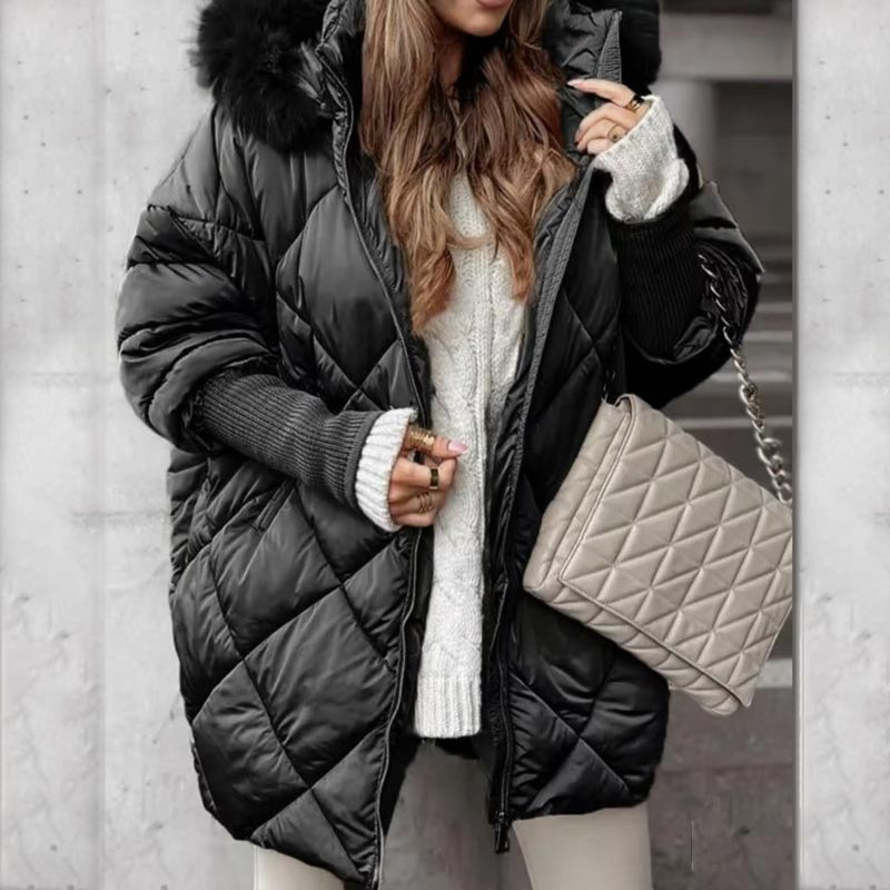Manteau Parka Mi-long avec Manches Tricotées en Patchwork pour Femmes
